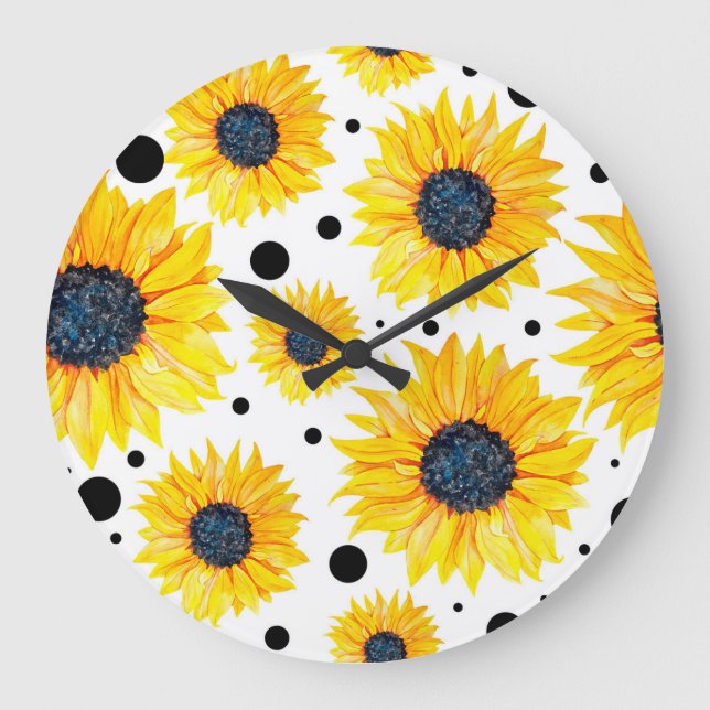 Gelbe Sonnenblumen Weißes Hintergrundmuster Große Wanduhr (Vorderseite)