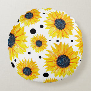 Gelbe Sonnenblumen Weißes Hintergrundmuster Rundes Kissen