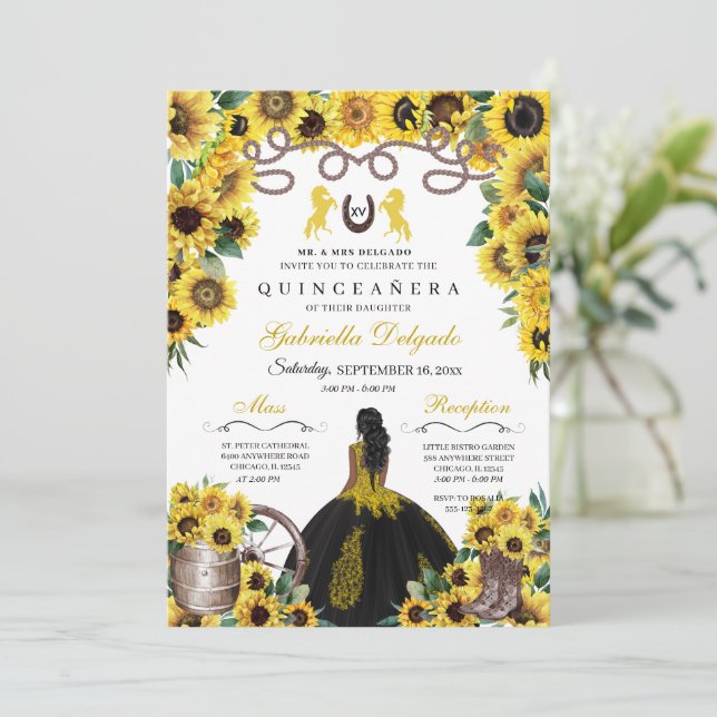 Gelbe Sonnenblumen Western Charro Quinceanera Einladung (Stehend Vorderseite)