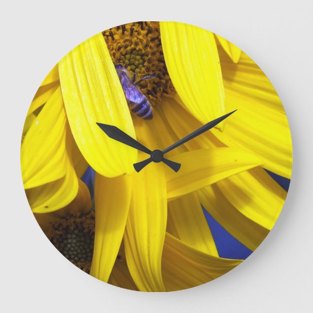Gelbe Sonnenblumenblätter N Blauer Bienenwall Große Wanduhr (Vorderseite)