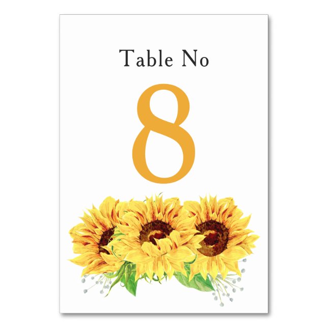Gelbe Sonnenblumenblume Hochzeitskarte Tischnummer (Vorderseite)