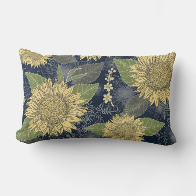 Gelbe Sonnenblumenblume Navy Blauer Lumbalkissen Lendenkissen (Vorderseite)