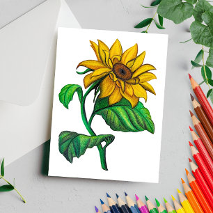 Gelbe Sonnenblumenzeichnung Buntstift Postkarte