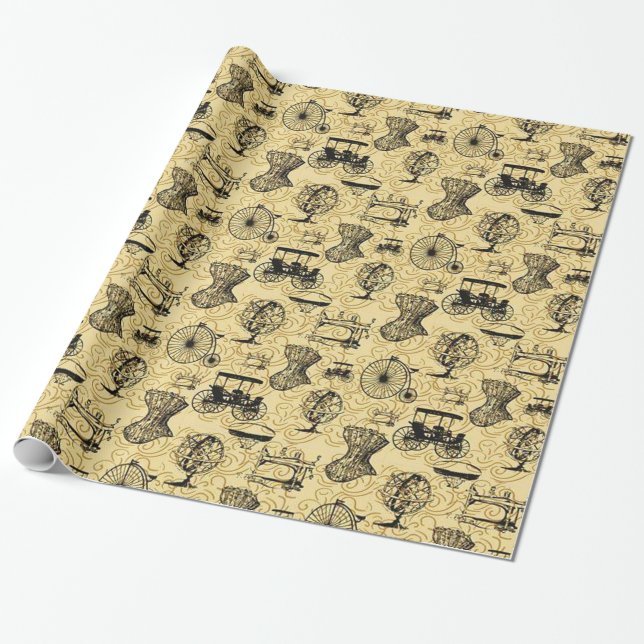 Gelbe Steampunk-Muster-Wrap-Papier Geschenkpapier (Ungerollt)