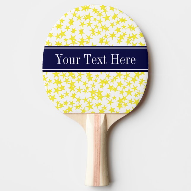 Gelbe Sterne Weiße BG, Navy Blue Name Monogram Tischtennis Schläger (Vorderseite)