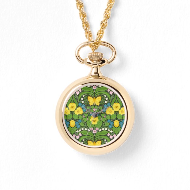 Gelbe Stiefmütterchen, Vögel und Schmetterlinge Armbanduhr (Vorderseite)