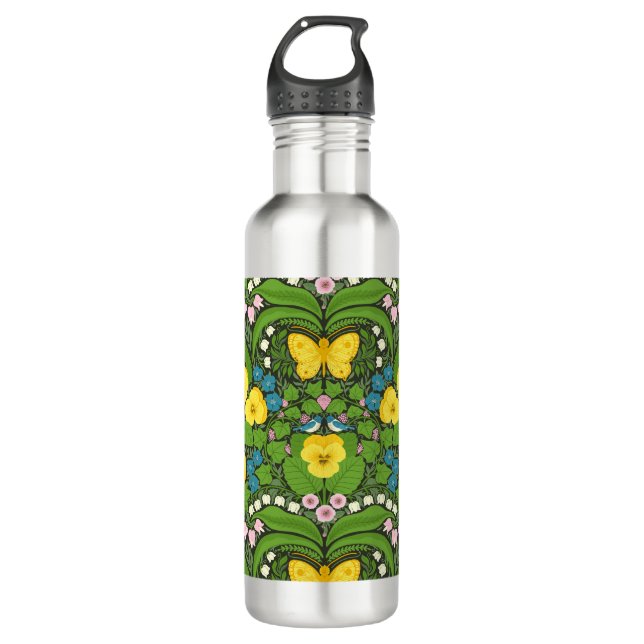 Gelbe Stiefmütterchen, Vögel und Schmetterlinge Edelstahlflasche (Vorderseite)