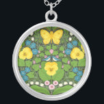Gelbe Stiefmütterchen, Vögel und Schmetterlinge Versilberte Kette<br><div class="desc">Handgemalte Gartentapete mit Stiefmütterchen,  Lilien,  Blume,  Blätter,  Vögeln und Schmetterlingen. Nahtlose Muster</div>