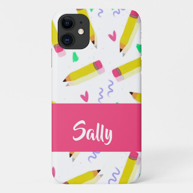 Gelbe Stifte und Scrables auf weiß Case-Mate iPhone Hülle (Rückseite)