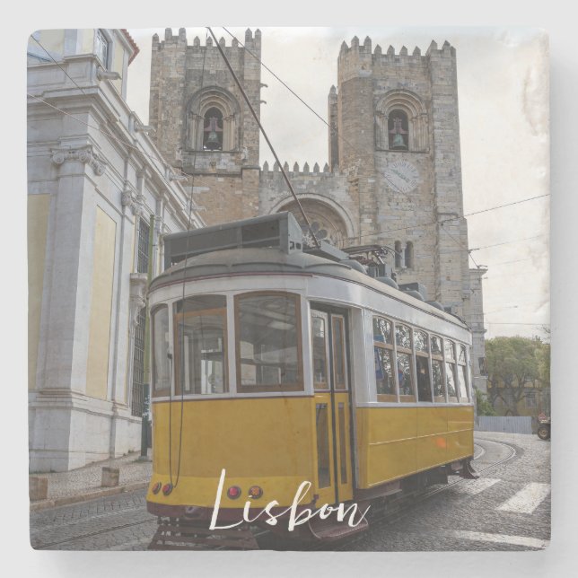 Gelbe Straßenbahn auf der Kathedrale von Lissabon  Steinuntersetzer (Vorderseite)