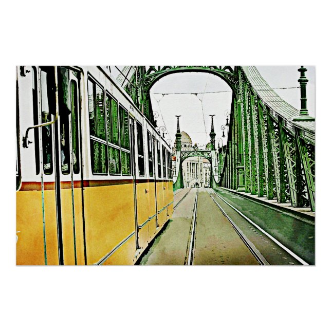 Gelbe Straßenbahn auf der Liberty-Brücke - Budaoes Poster (Vorderseite)