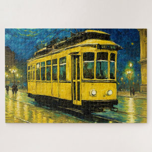 Gelbe Straßenbahn in einer sternförmigen Nacht - B