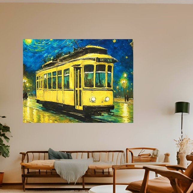 Gelbe Straßenbahn in einer sternförmigen Nacht - B Leinwanddruck (Von Creator hochgeladen)