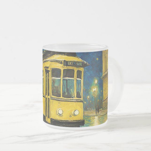 Gelbe Straßenbahn in einer sternförmigen Nacht - B Mattglastasse (VorderseiteRechts)