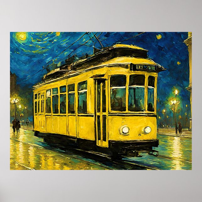 Gelbe Straßenbahn in einer sternförmigen Nacht - B Poster (Vorne)