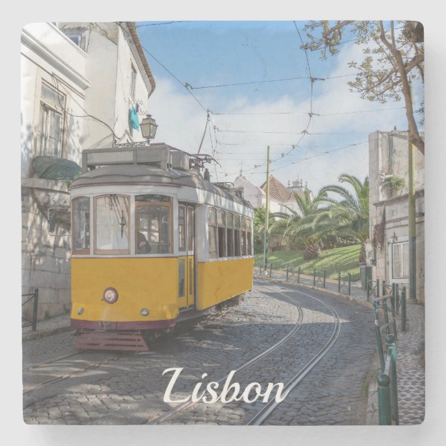 Gelbe Straßenbahn in Lissabon, Portugal Steinuntersetzer (Vorderseite)