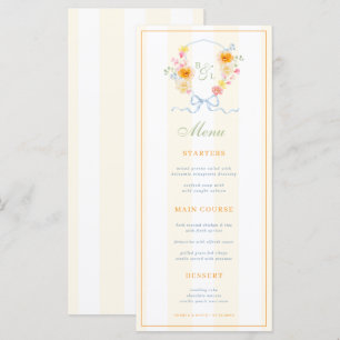 Gelbe Streifen & Florales Wappen Frühlingshochzeit Menükarte