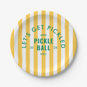 Gelbe Streifen Let's Get Pickled Après Pickleball Pappteller