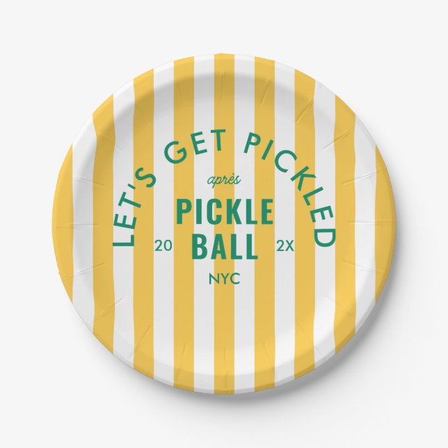 Gelbe Streifen Let's Get Pickled Après Pickleball Pappteller (Vorderseite)
