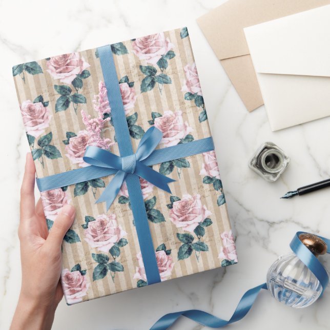 Gelbe Streifen und rosa Tee Rose Jeden Anlaß Geschenkpapier (Schenken)