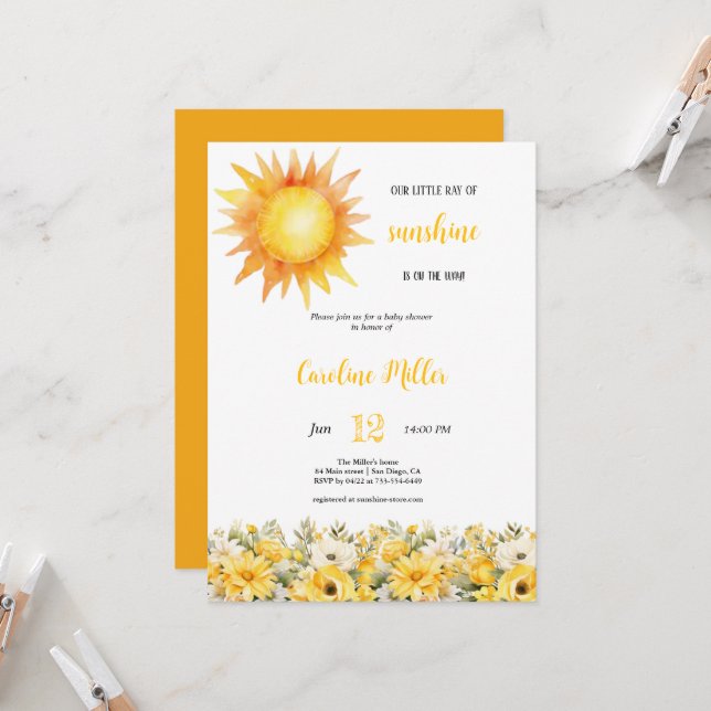 GELBE SUNSHINE MIRL BABYSHOWER EINLADUNG (Vorderseite/Rückseite Beispiel)