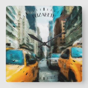 Gelbe Taxis nach Regen in New York City Quadratische Wanduhr