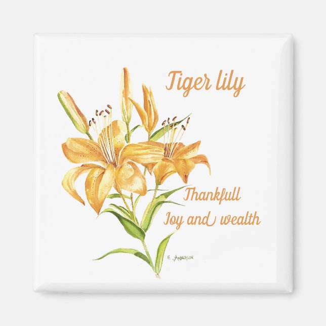 Gelbe tiglische botanische Aquarellfarbe und Bedeu Magnet (Vorne)
