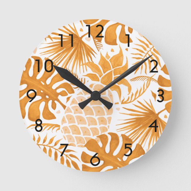 Gelbe tropische Ananas, goldweiß, botanisch Runde Wanduhr (Vorderseite)