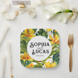 Gelbe tropische Blütenhochzeit Pappteller