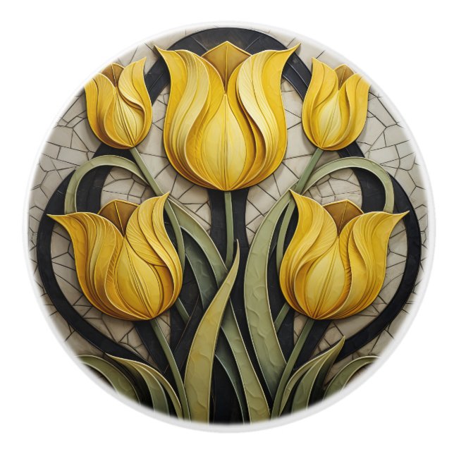 Gelbe Tulips Blumenstrauß Jugendstil Inspirierte N Keramikknauf (Vorderseite)