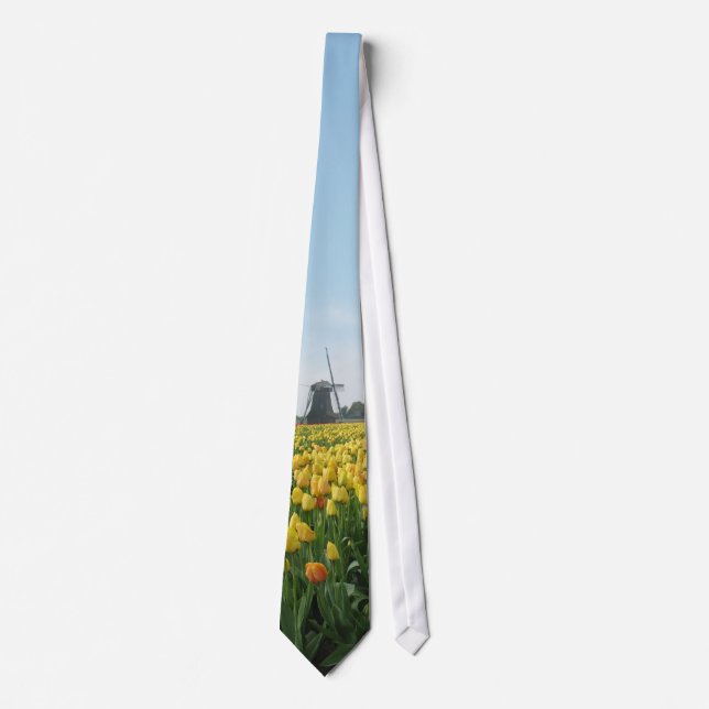 Gelbe Tulpe-Blumen-Feld-Windmühle Holland Krawatte (Vorderseite)