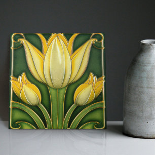 Gelbe Tulpe Symmetrische Wanddekoration Art Nouvea Fliese
