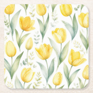 Gelbe Tulpen Aquarell-Blumenmalerei Botanisch Rechteckiger Pappuntersetzer