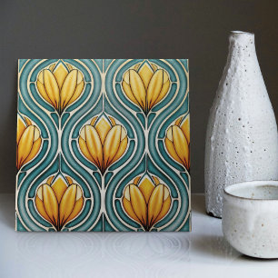 Gelbe Tulpen auf blauem symmetrischen Jugendstil Fliese
