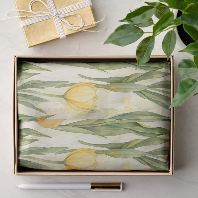 Gelbe Tulpen im Aquarellstil Umfassender Druck Seidenpapier (Geschenk)