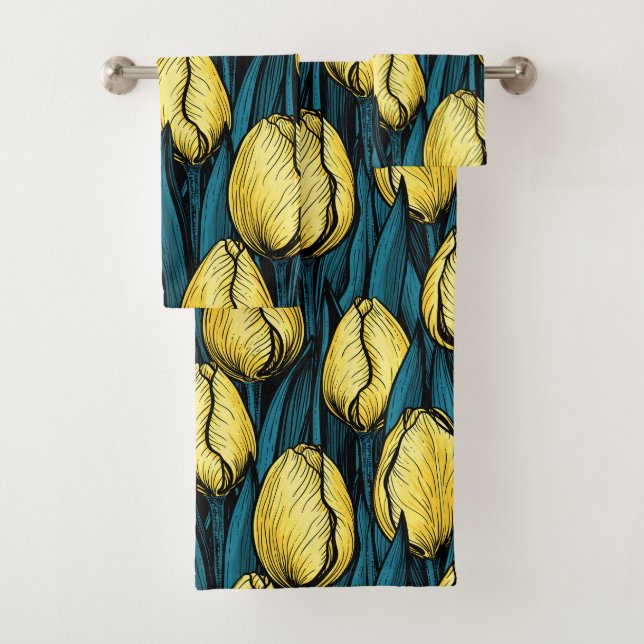 Gelbe Tulpen mit blauen Blätter Badhandtuch Set (Insitu)