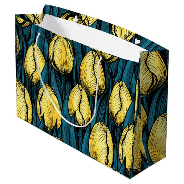 Gelbe Tulpen mit blauen Blätter Große Geschenktüte (Rückseite Schrägansicht)
