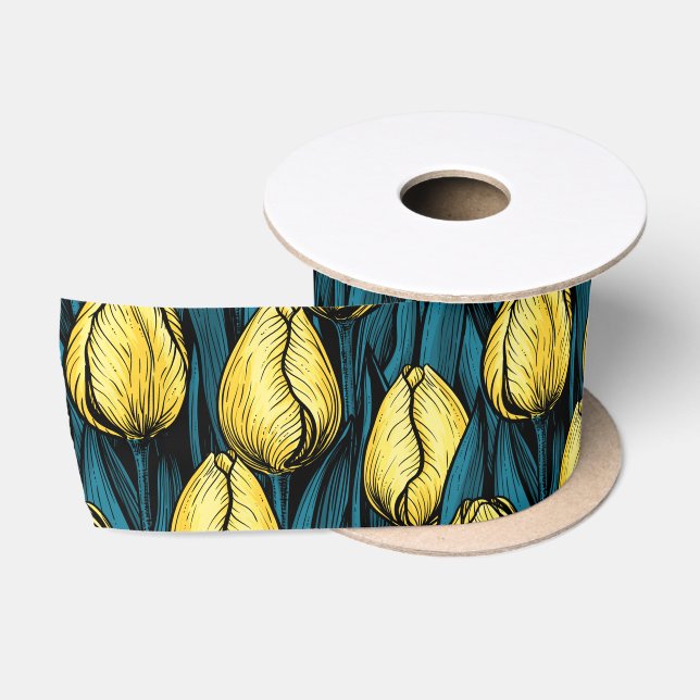 Gelbe Tulpen mit blauen Blätter Satinband (Spule)