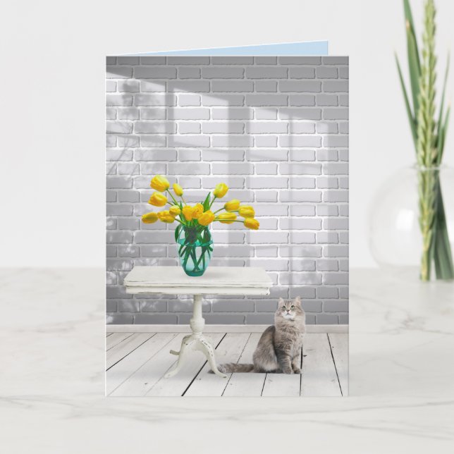 Gelbe Tulpen mit Katzenkatze werden bald gut Karte (Vorderseite)