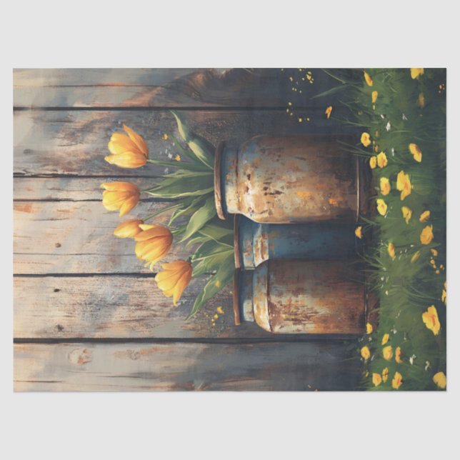 Gelbe Tulpen Rustikale Kanister Art Decoupage Seidenpapier (Vorderseite)
