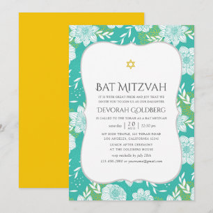 Gelbe und Aquamarine florale Bat Mitzvah Einladung