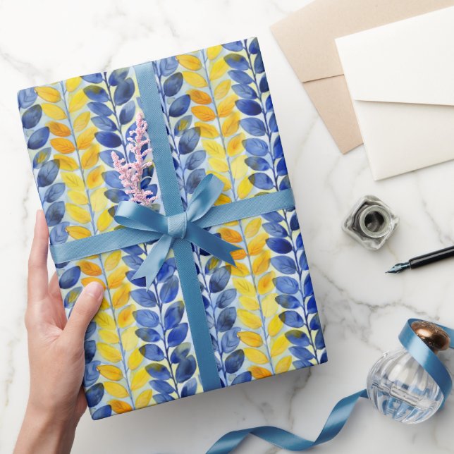 Gelbe und blaue Blätter Geschenkpapier (Schenken)