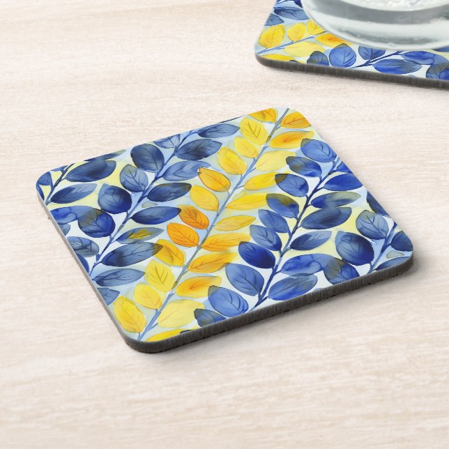 Gelbe und blaue Blätter Getränkeuntersetzer (Linke Seite)