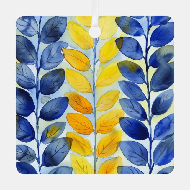 Gelbe und blaue Blätter Ornament Aus Metall (Vorderseite)