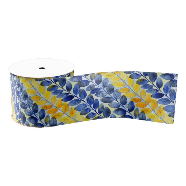 Gelbe und blaue Blätter Ripsband (Spule)