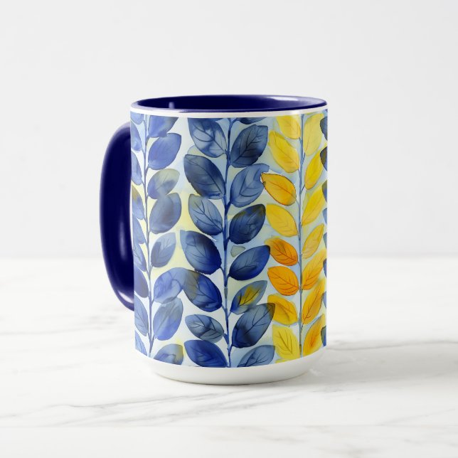 Gelbe und blaue Blätter Tasse (Vorderseite Links)