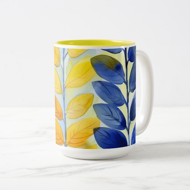 Gelbe und blaue Blätter Zweifarbige Tasse (VorderseiteRechts)