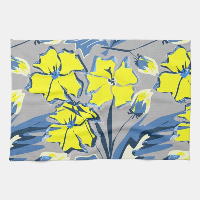 Gelbe und blaue Blumen mit Glitzern. Geschirrtuch (Horizontal)