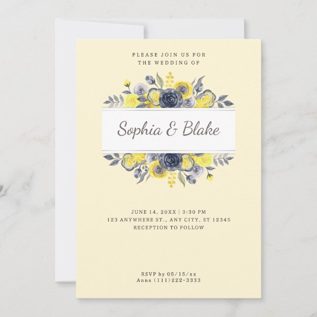 Gelbe und blaue Blumenrahmen Gelbe Hochzeit Einladung (Vorderseite)