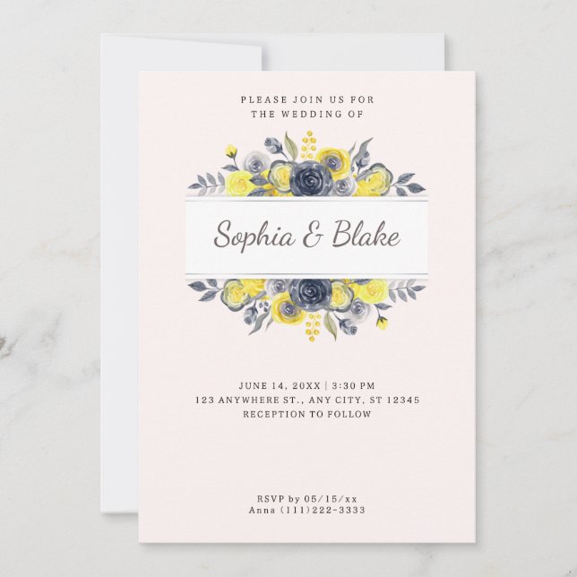 Gelbe und blaue Blütenrahmen blassrosa Hochzeit Einladung (Vorderseite)
